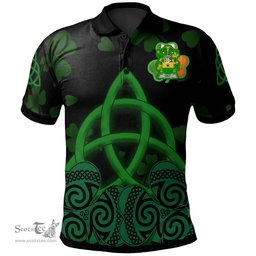 ScotsTee Shop Irish Haly or O'Haly Coat of Arms Irish Polo Shirt Celtic Knot And Shamrock Black Pattern