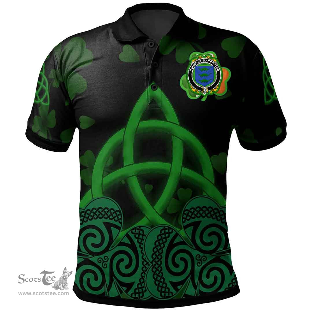 ScotsTee Shop Irish House of MACCOTTER Coat of Arms Irish Polo Shirt Celtic Knot And Shamrock Black Pattern