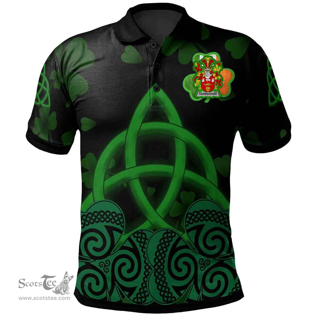 ScotsTee Shop Irish Hanraghan or O'Hanraghan Coat of Arms Irish Polo Shirt Celtic Knot And Shamrock Black Pattern