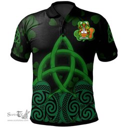 ScotsTee Shop Irish Hare or O'Hare Coat of Arms Irish Polo Shirt Celtic Knot And Shamrock Black Pattern