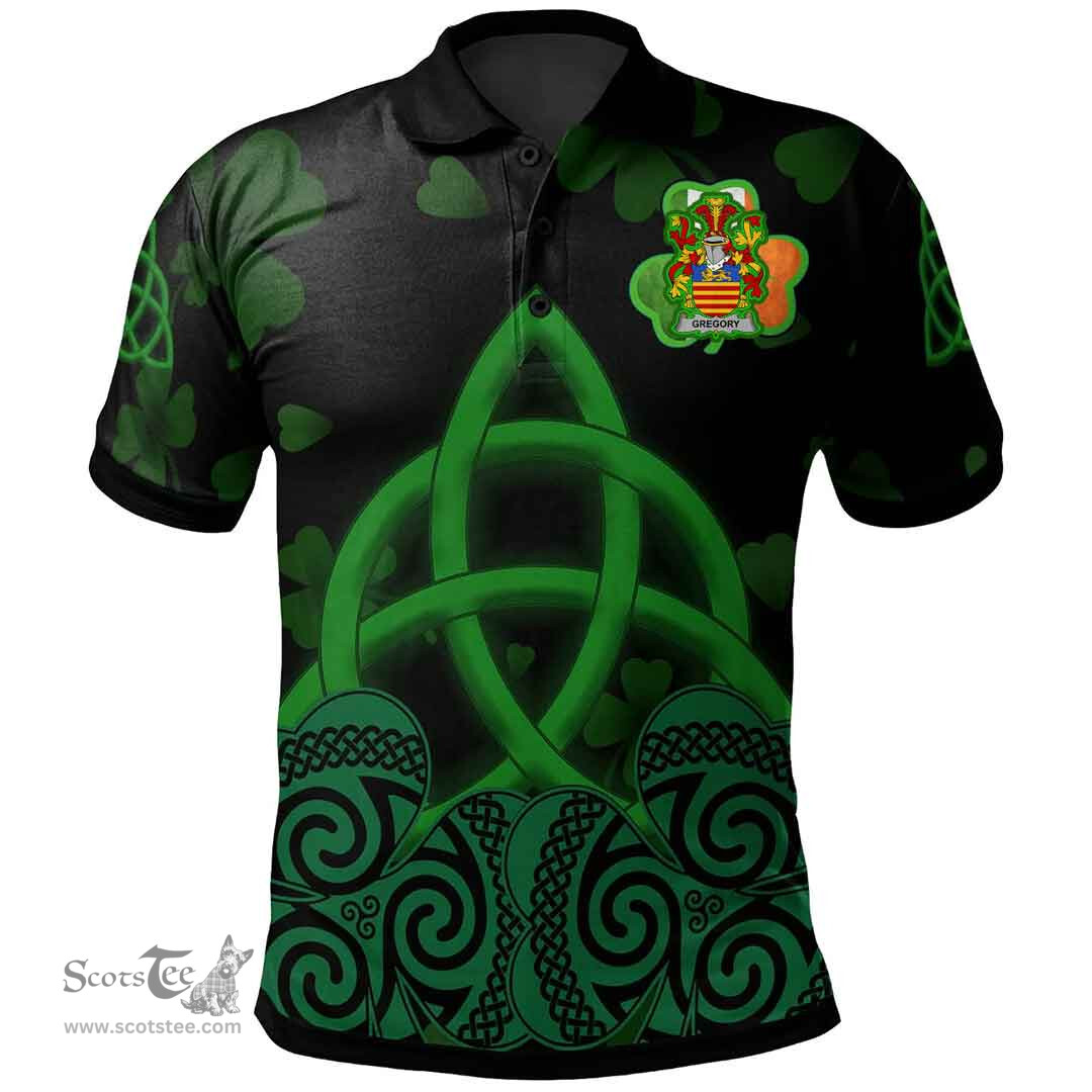 ScotsTee Shop Irish Gregory Coat of Arms Irish Polo Shirt Celtic Knot And Shamrock Black Pattern