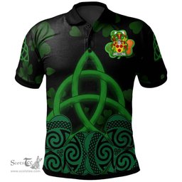 ScotsTee Shop Irish Gavin or O'Gavan Coat of Arms Irish Polo Shirt Celtic Knot And Shamrock Black Pattern