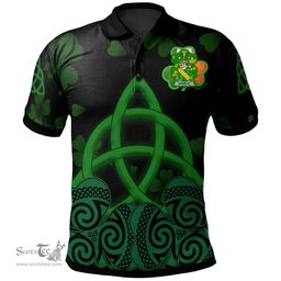 ScotsTee Shop Irish Grumley Coat of Arms Irish Polo Shirt Celtic Knot And Shamrock Black Pattern