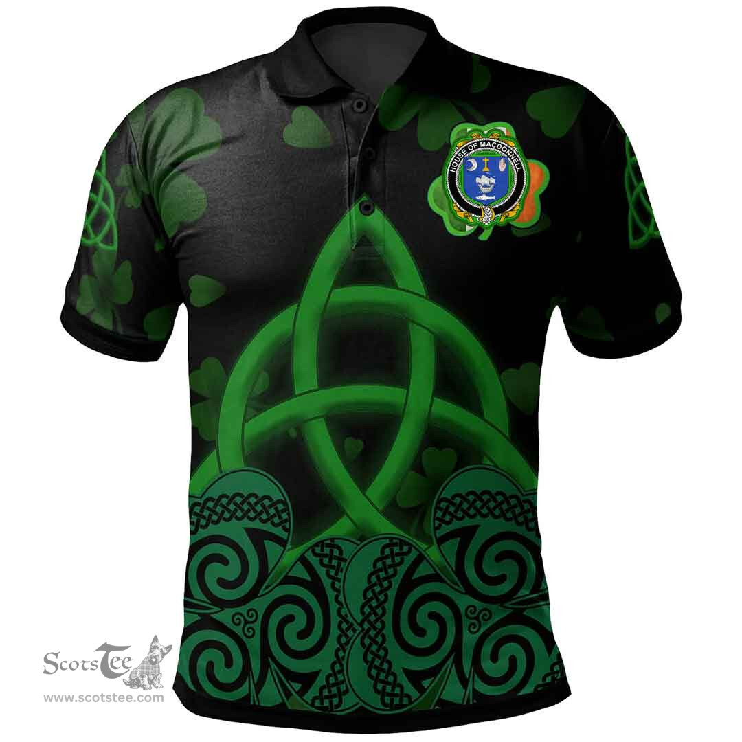 ScotsTee Shop Irish House of MACDONNELL (Clare and Connacht) Coat of Arms Irish Polo Shirt Celtic Knot And Shamrock Black Pattern