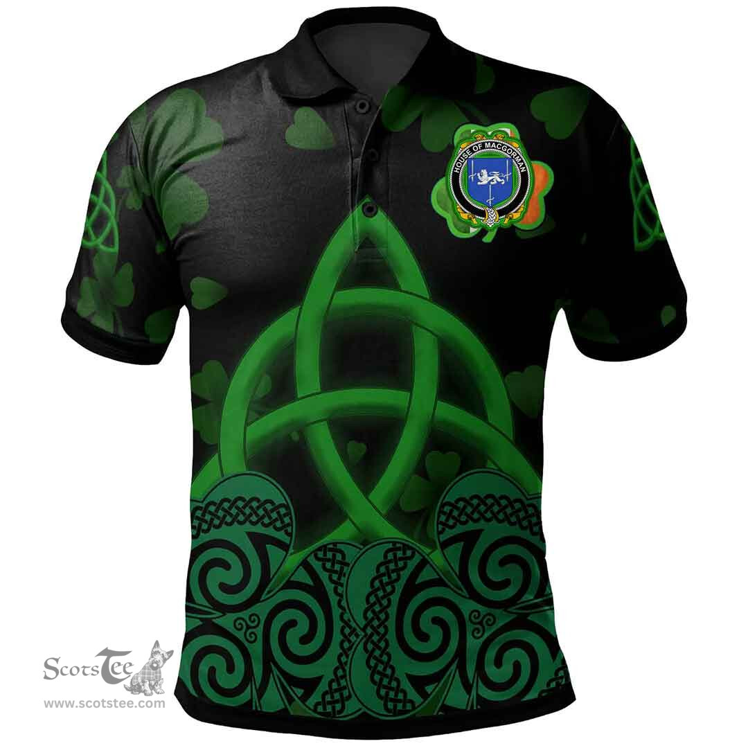 ScotsTee Shop Irish House of MACGORMAN Coat of Arms Irish Polo Shirt Celtic Knot And Shamrock Black Pattern