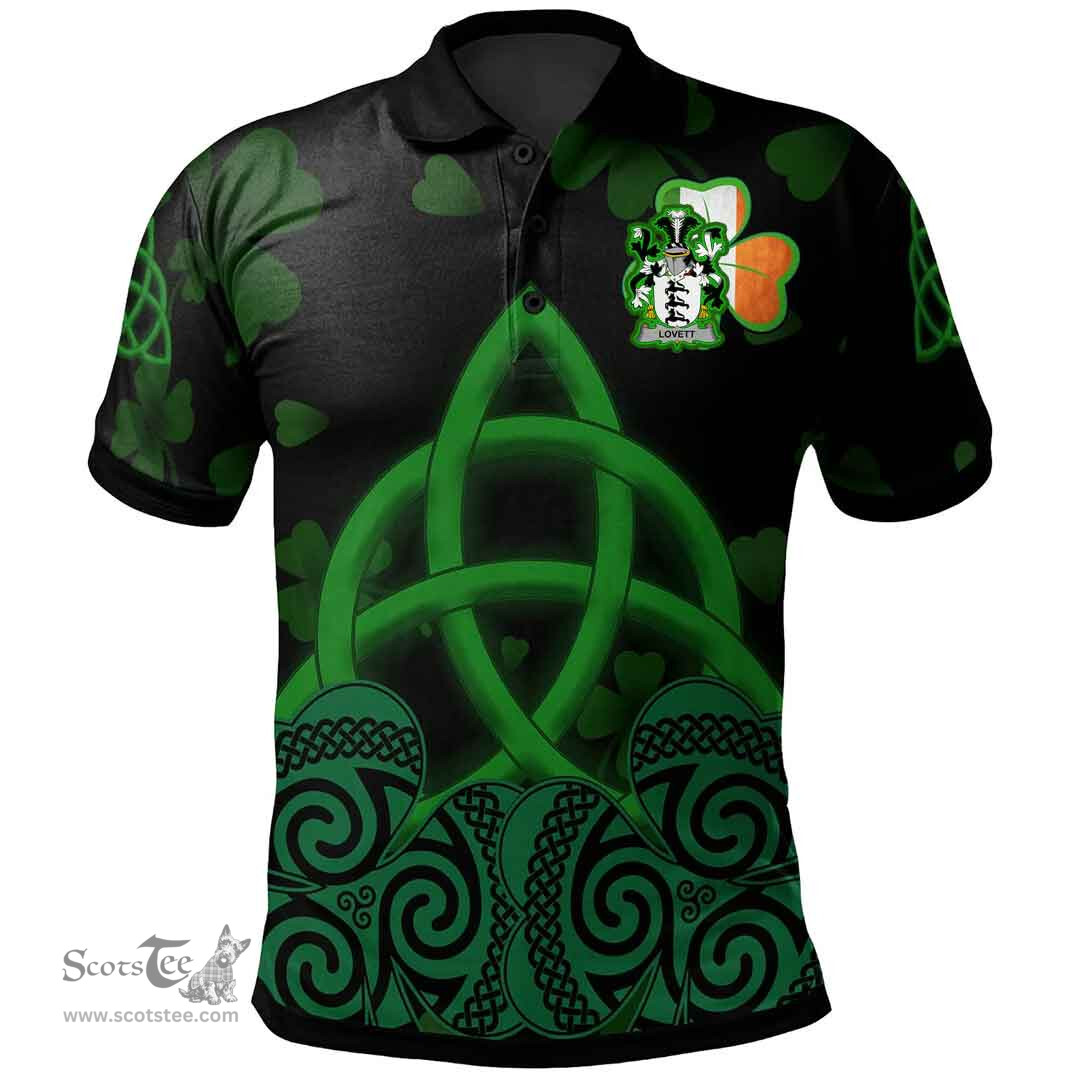 ScotsTee Shop Irish Lovett Coat of Arms Irish Polo Shirt Celtic Knot And Shamrock Black Pattern