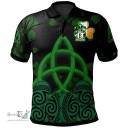 ScotsTee Shop Irish Lovett Coat of Arms Irish Polo Shirt Celtic Knot And Shamrock Black Pattern