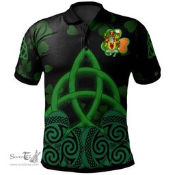 ScotsTee Shop Irish Logan Coat of Arms Irish Polo Shirt Celtic Knot And Shamrock Black Pattern