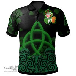 ScotsTee Shop Irish Laurence Coat of Arms Irish Polo Shirt Celtic Knot And Shamrock Black Pattern