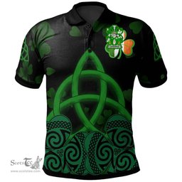ScotsTee Shop Irish Loughnan or O'Loughnan Coat of Arms Irish Polo Shirt Celtic Knot And Shamrock Black Pattern