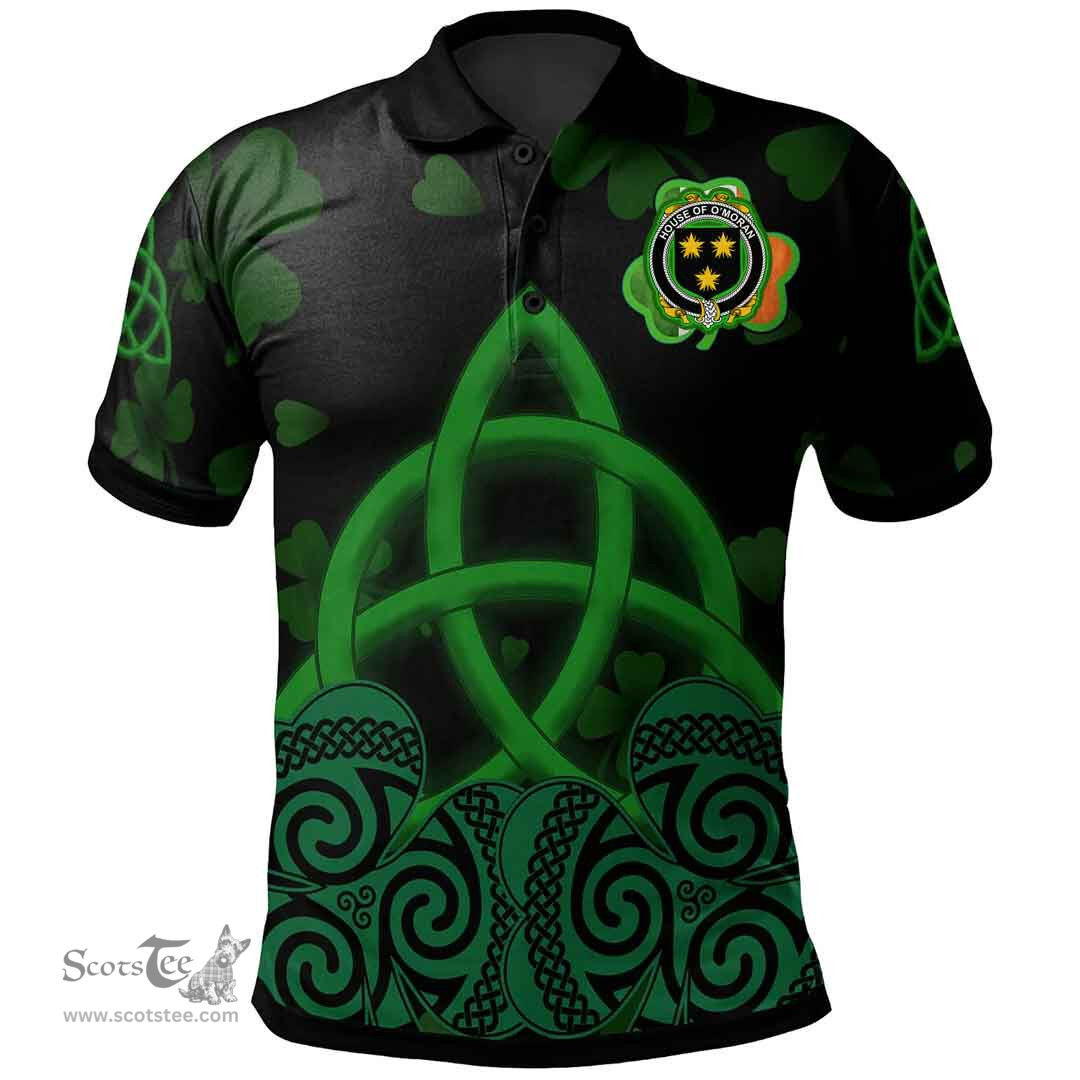 ScotsTee Shop Irish House of O'MORAN Coat of Arms Irish Polo Shirt Celtic Knot And Shamrock Black Pattern
