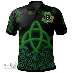 ScotsTee Shop Irish House of O'NEILAN Coat of Arms Irish Polo Shirt Celtic Knot And Shamrock Black Pattern
