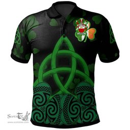 ScotsTee Shop Irish Leeson Coat of Arms Irish Polo Shirt Celtic Knot And Shamrock Black Pattern