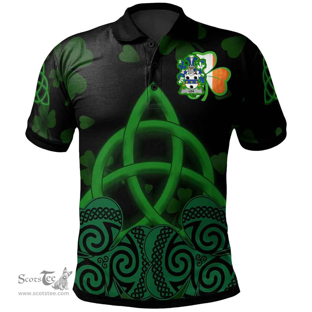 ScotsTee Shop Irish Lea or McLea Coat of Arms Irish Polo Shirt Celtic Knot And Shamrock Black Pattern