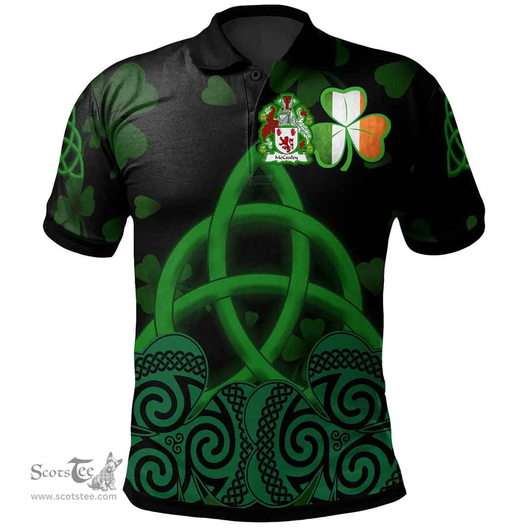 ScotsTee Shop Irish McCauley Coat of Arms Irish Polo Shirt Celtic Knot And Shamrock Black Pattern