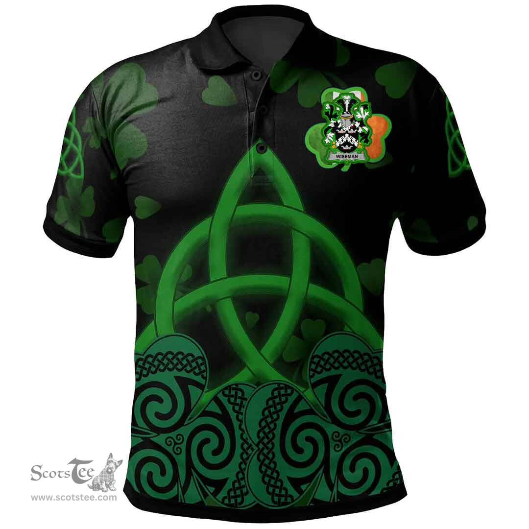 ScotsTee Shop Irish Wiseman Coat of Arms Irish Polo Shirt Celtic Knot And Shamrock Black Pattern