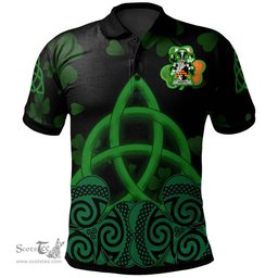 ScotsTee Shop Irish Worth or McWorth Coat of Arms Irish Polo Shirt Celtic Knot And Shamrock Black Pattern