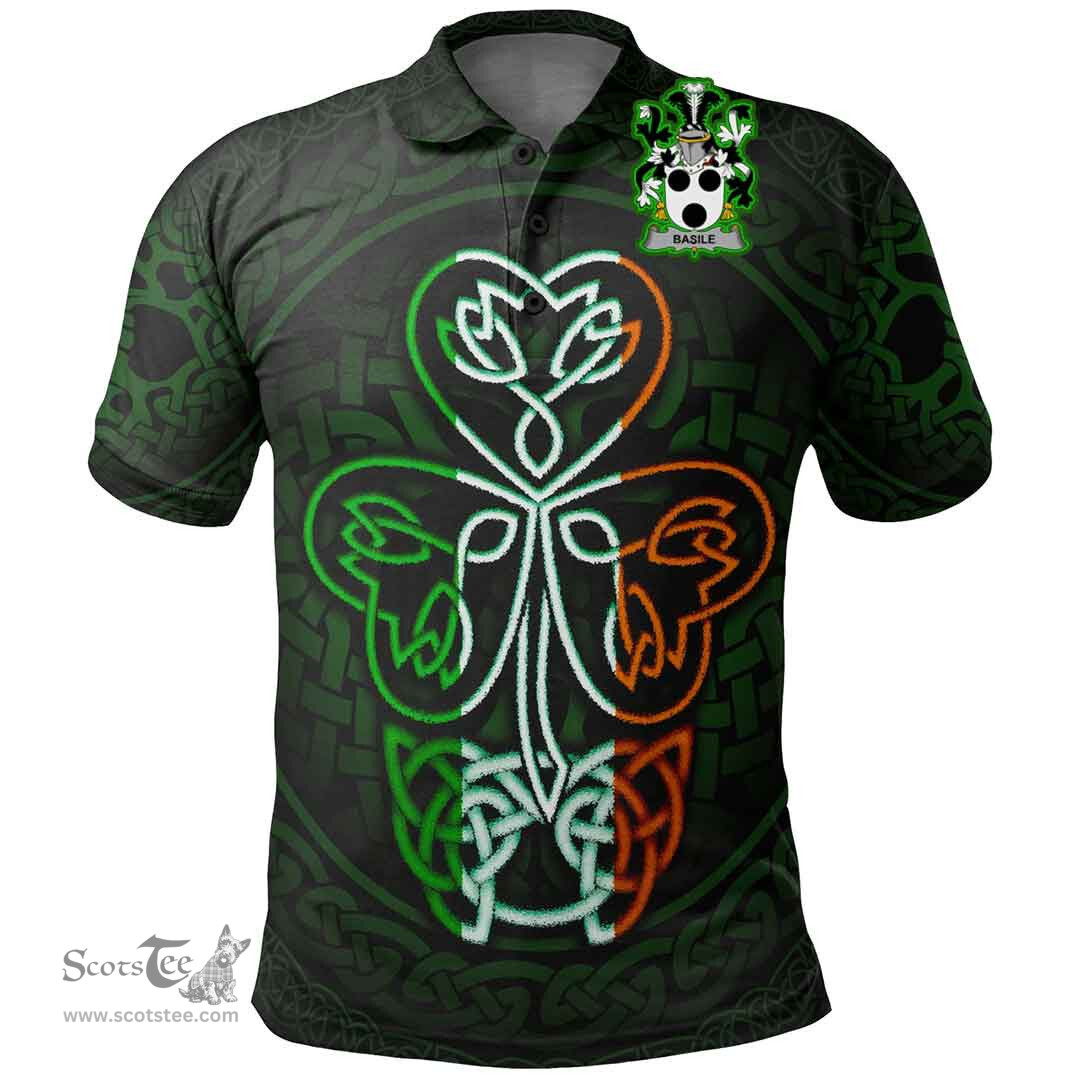 ScotsTee Shop Irish Basile Coat of Arms Irish Polo Shirt Celtic Knot And Green, White and Orange Shamrock