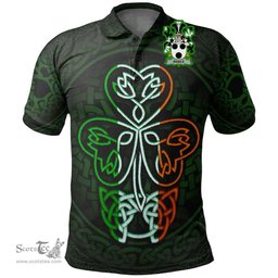 ScotsTee Shop Irish Basile Coat of Arms Irish Polo Shirt Celtic Knot And Green, White and Orange Shamrock