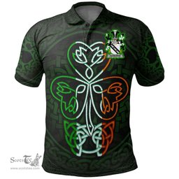 ScotsTee Shop Irish Ashborne Coat of Arms Irish Polo Shirt Celtic Knot And Green, White and Orange Shamrock