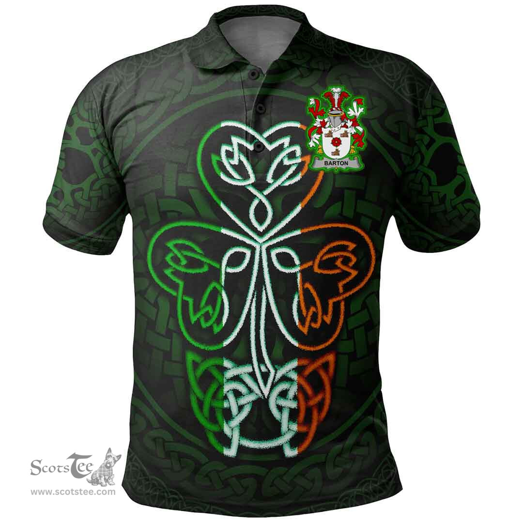 ScotsTee Shop Irish Barton Coat of Arms Irish Polo Shirt Celtic Knot And Green, White and Orange Shamrock