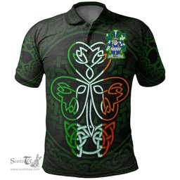 ScotsTee Shop Irish Bell Coat of Arms Irish Polo Shirt Celtic Knot And Green, White and Orange Shamrock
