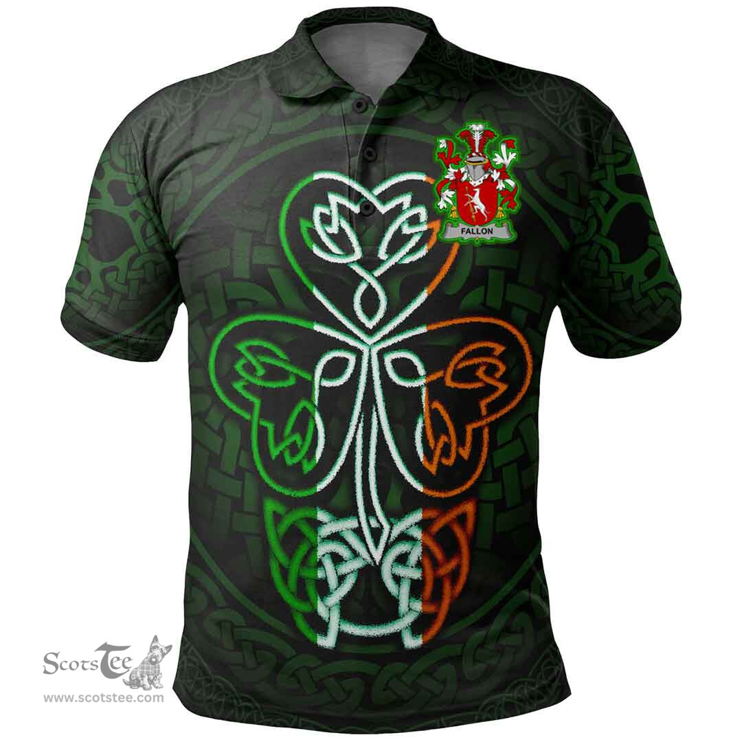 ScotsTee Shop Irish Fallon or O'Fallon Coat of Arms Irish Polo Shirt Celtic Knot And Green, White and Orange Shamrock