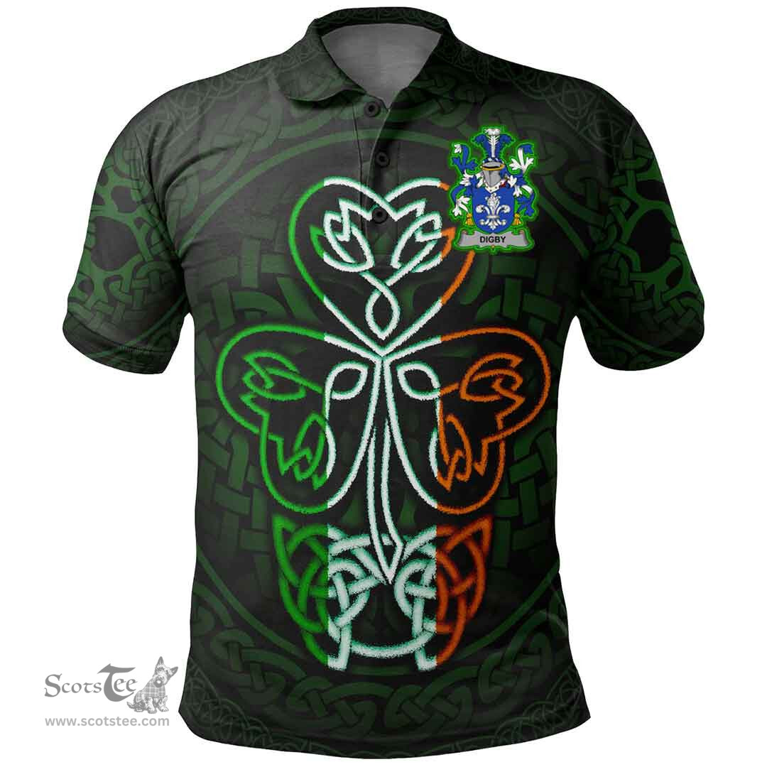 ScotsTee Shop Irish Digby Coat of Arms Irish Polo Shirt Celtic Knot And Green, White and Orange Shamrock