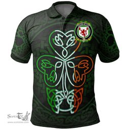 ScotsTee Shop Irish House of FOX Coat of Arms Irish Polo Shirt Celtic Knot And Green, White and Orange Shamrock