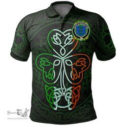 ScotsTee Shop Irish House of MACCOTTER Coat of Arms Irish Polo Shirt Celtic Knot And Green, White and Orange Shamrock