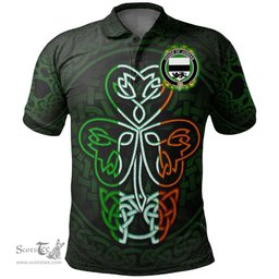 ScotsTee Shop Irish House of JORDAN Coat of Arms Irish Polo Shirt Celtic Knot And Green, White and Orange Shamrock