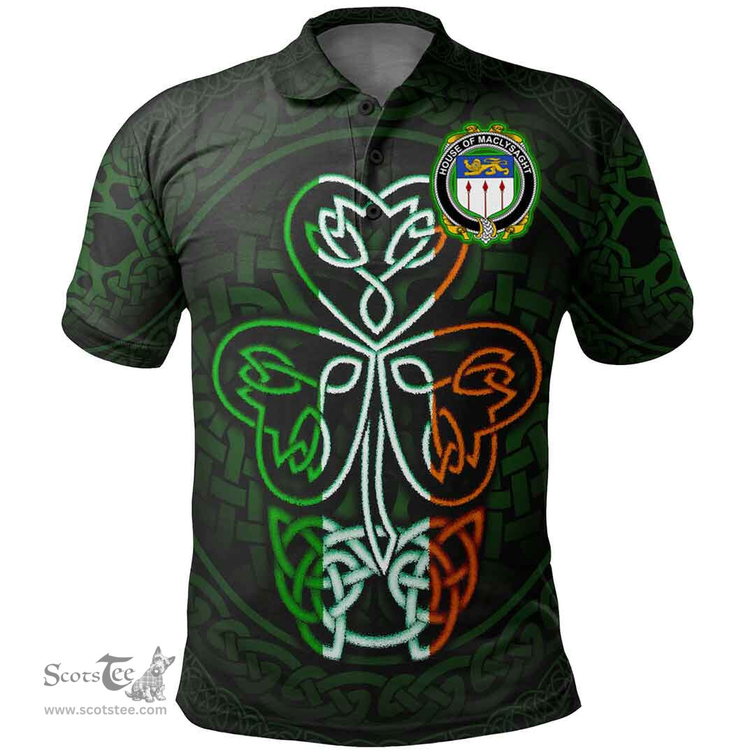 ScotsTee Shop Irish House of MACLYSAGHT Coat of Arms Irish Polo Shirt Celtic Knot And Green, White and Orange Shamrock