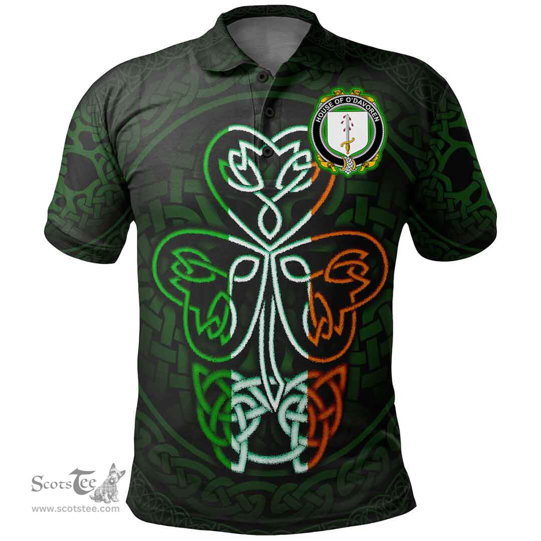 ScotsTee Shop Irish House of O'DAVOREN Coat of Arms Irish Polo Shirt Celtic Knot And Green, White and Orange Shamrock