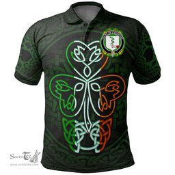 ScotsTee Shop Irish House of O'DONOVAN Coat of Arms Irish Polo Shirt Celtic Knot And Green, White and Orange Shamrock