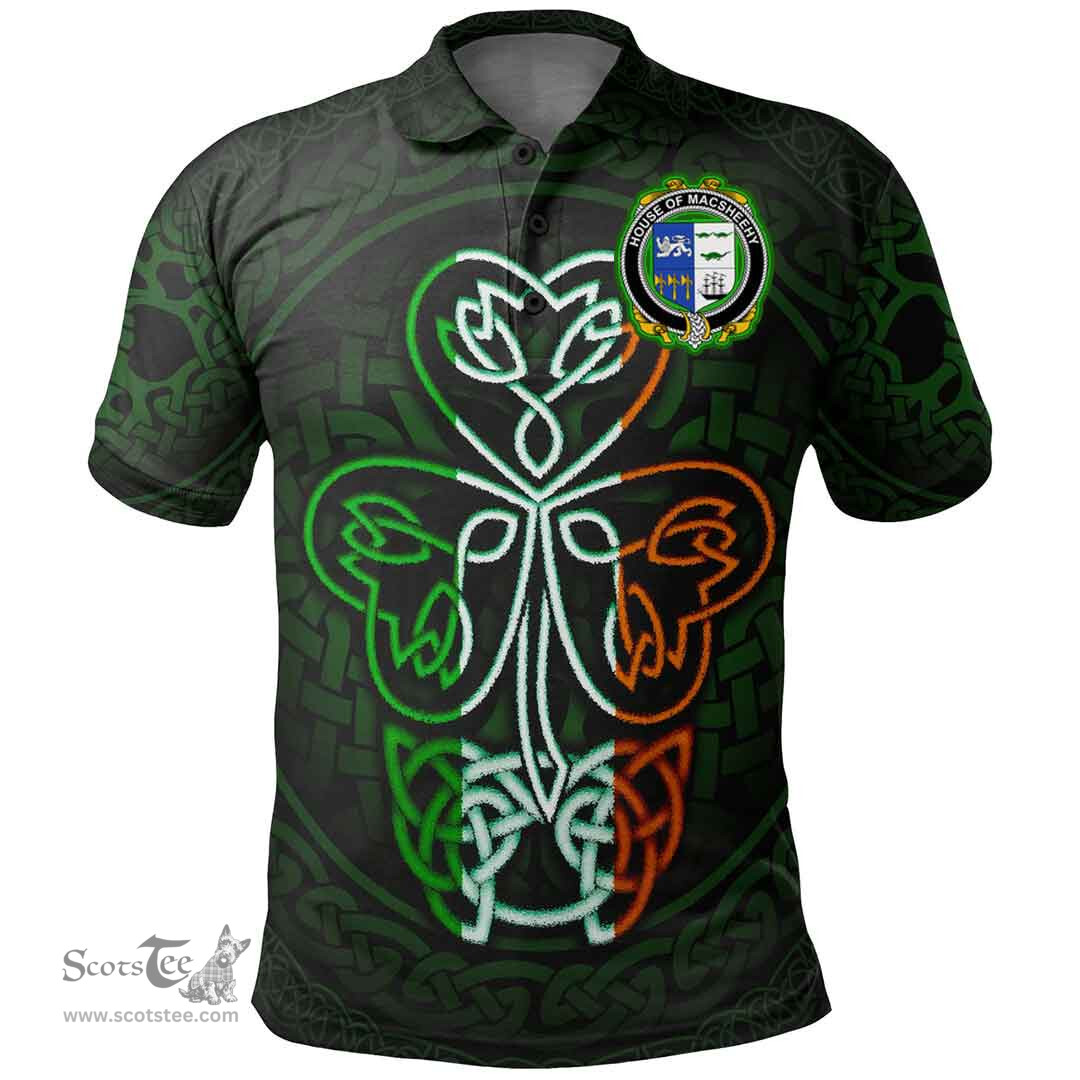 ScotsTee Shop Irish House of MACSHEEHY Coat of Arms Irish Polo Shirt Celtic Knot And Green, White and Orange Shamrock