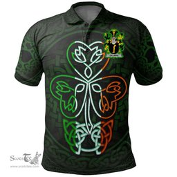 ScotsTee Shop Irish Gillman Coat of Arms Irish Polo Shirt Celtic Knot And Green, White and Orange Shamrock