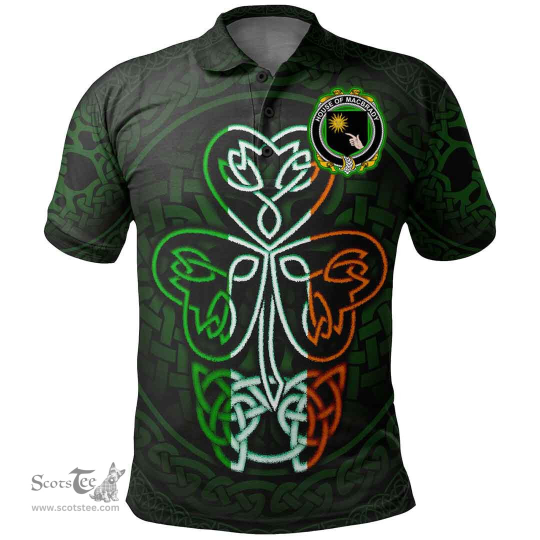 ScotsTee Shop Irish House of MACBRADY Coat of Arms Irish Polo Shirt Celtic Knot And Green, White and Orange Shamrock