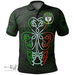 ScotsTee Shop Irish House of O'DOWLING Coat of Arms Irish Polo Shirt Celtic Knot And Green, White and Orange Shamrock