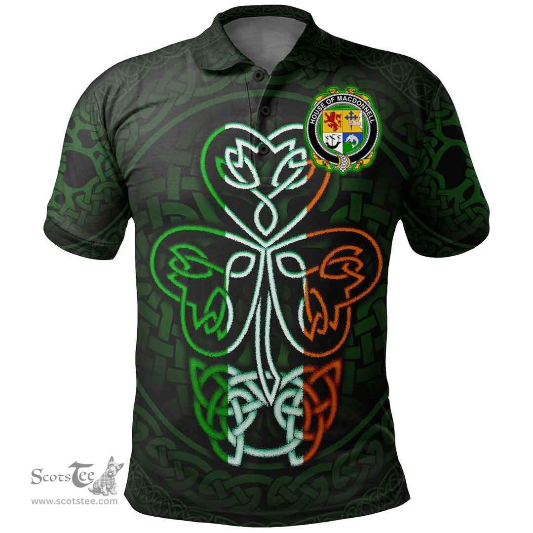 ScotsTee Shop Irish House of MACDONNELL (of the Glens) Coat of Arms Irish Polo Shirt Celtic Knot And Green, White and Orange Shamrock