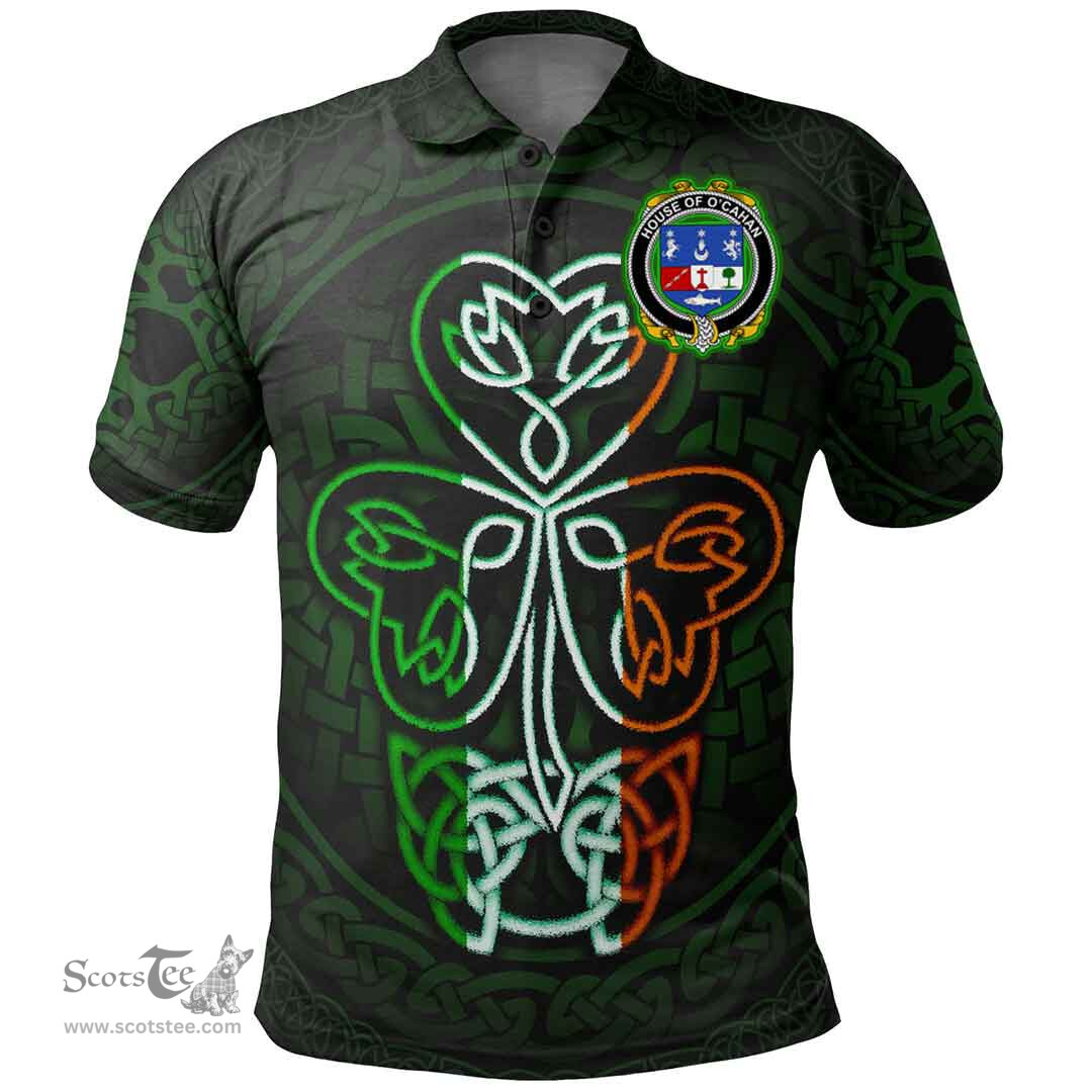 ScotsTee Shop Irish House of O'CAHAN (KEANE) Coat of Arms Irish Polo Shirt Celtic Knot And Green, White and Orange Shamrock