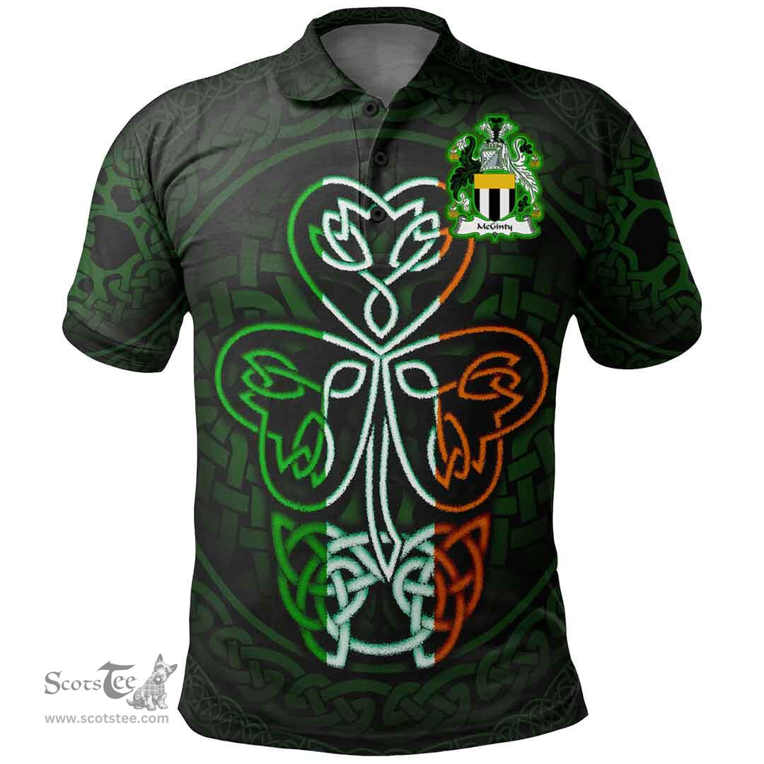 ScotsTee Shop Irish McGinty Coat of Arms Irish Polo Shirt Celtic Knot And Green, White and Orange Shamrock
