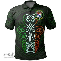 ScotsTee Shop Irish House of O'PHELAN Coat of Arms Irish Polo Shirt Celtic Knot And Green, White and Orange Shamrock
