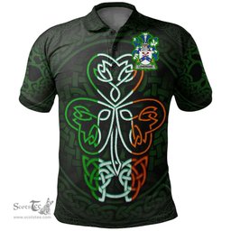 ScotsTee Shop Irish Lonergan or O'Lonergan Coat of Arms Irish Polo Shirt Celtic Knot And Green, White and Orange Shamrock