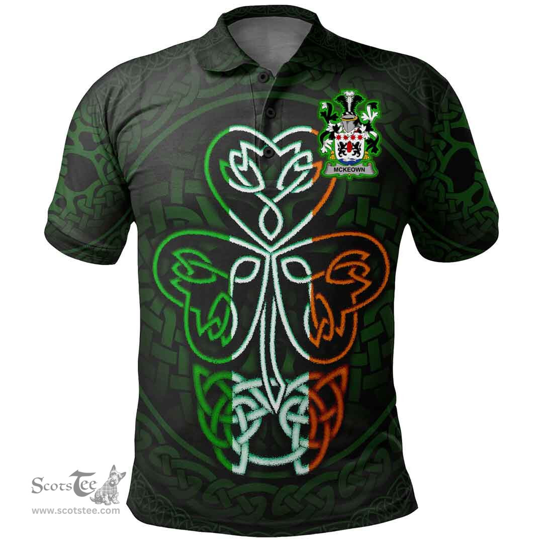 ScotsTee Shop Irish McKeown or Keon Coat of Arms Irish Polo Shirt Celtic Knot And Green, White and Orange Shamrock