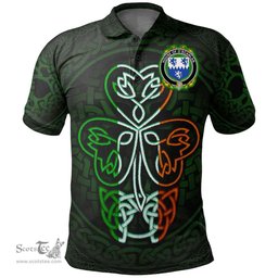 ScotsTee Shop Irish House of O'SCANLAN (Munster) Coat of Arms Irish Polo Shirt Celtic Knot And Green, White and Orange Shamrock