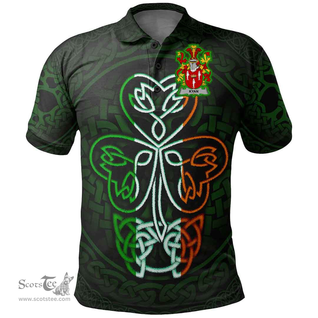 ScotsTee Shop Irish Kyan or O'Kyan Coat of Arms Irish Polo Shirt Celtic Knot And Green, White and Orange Shamrock