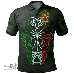 ScotsTee Shop Irish Kyan or O'Kyan Coat of Arms Irish Polo Shirt Celtic Knot And Green, White and Orange Shamrock