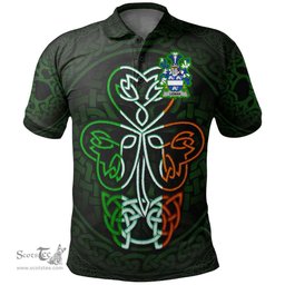 ScotsTee Shop Irish Leman or Lemon Coat of Arms Irish Polo Shirt Celtic Knot And Green, White and Orange Shamrock