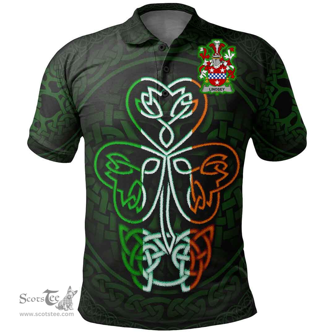 ScotsTee Shop Irish Lindsey Coat of Arms Irish Polo Shirt Celtic Knot And Green, White and Orange Shamrock