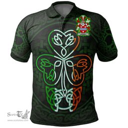 ScotsTee Shop Irish Lindsey Coat of Arms Irish Polo Shirt Celtic Knot And Green, White and Orange Shamrock